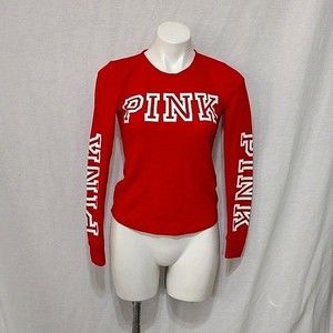 PINK Victoria’s Secret Red Long Sleeve Loungewear Top Small Ribbed Graphic Tee